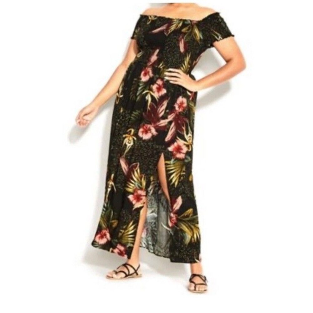 CITY CHIC  Phuket Shirred Maxi Dress - Black, Plus 14